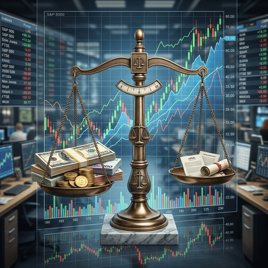 A bronze justice scale balancing stacks of money and coins on one side and legal papers on the other with stock market charts in the background